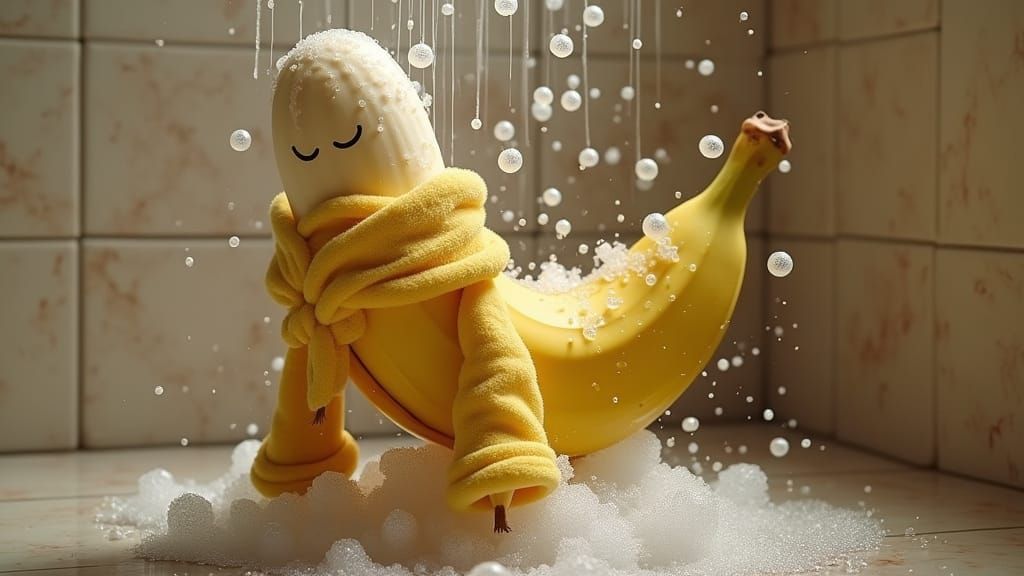 Whimsical Banana in a Vibrant Shower Scene