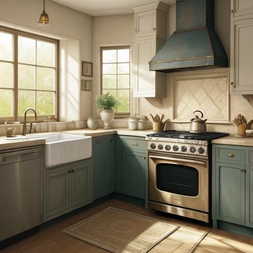 Warm Cozy Kitchen in Traditional Oil Painting Style