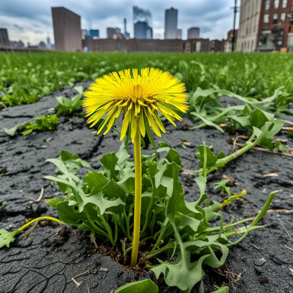 Resilient Dandelion Blooms in Urban Wasteland