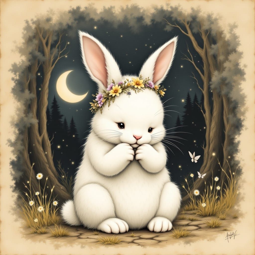 Blushing Bunny in Woodland Glade, Magical Realism