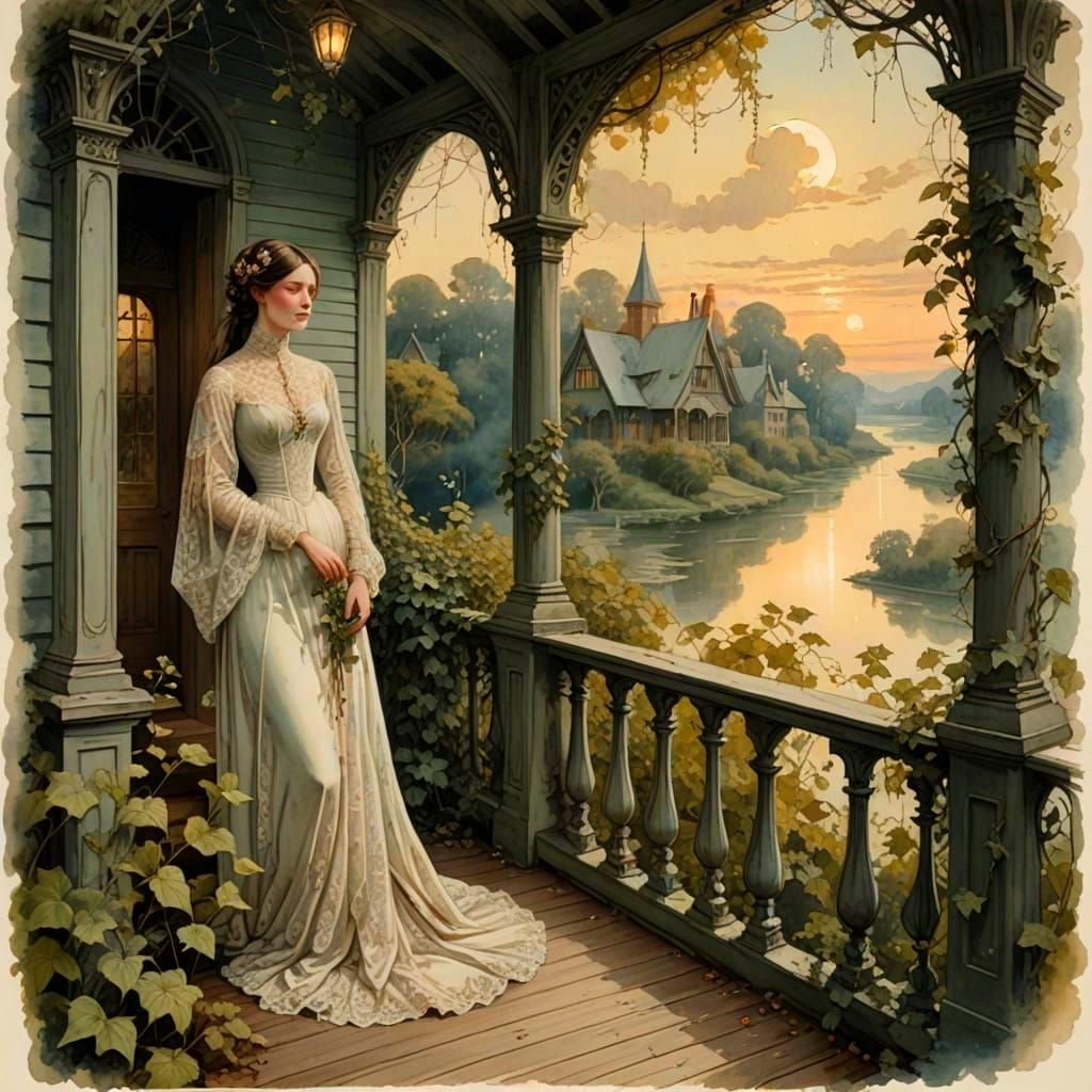 Woman Lost in Thought on an Antique Porch