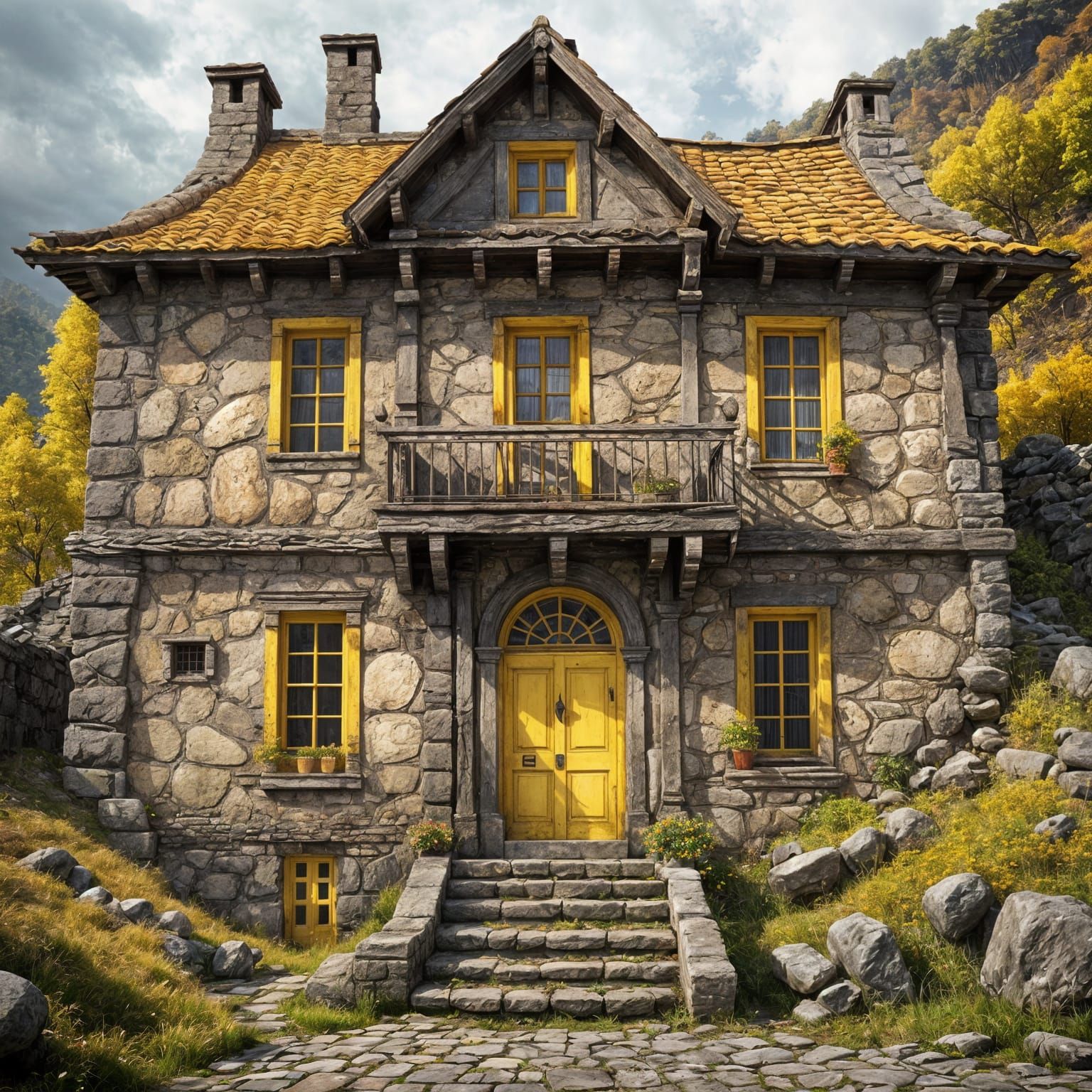 Steampunk Stone Building with Yellow Accents