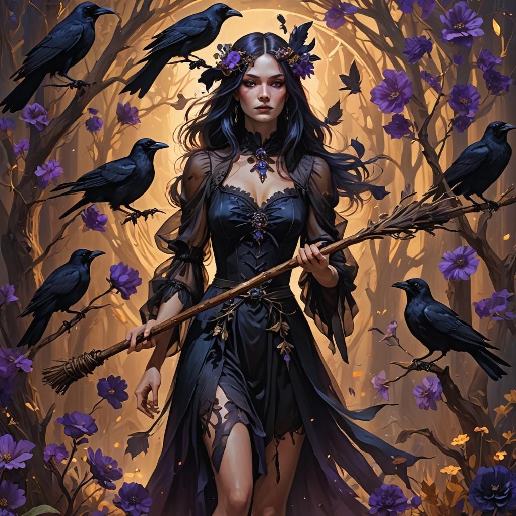Dark Fantasy Witch with Crow Staff