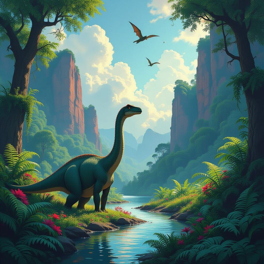Dinosaur in Prehistoric Forest with Volcanic Cliffs