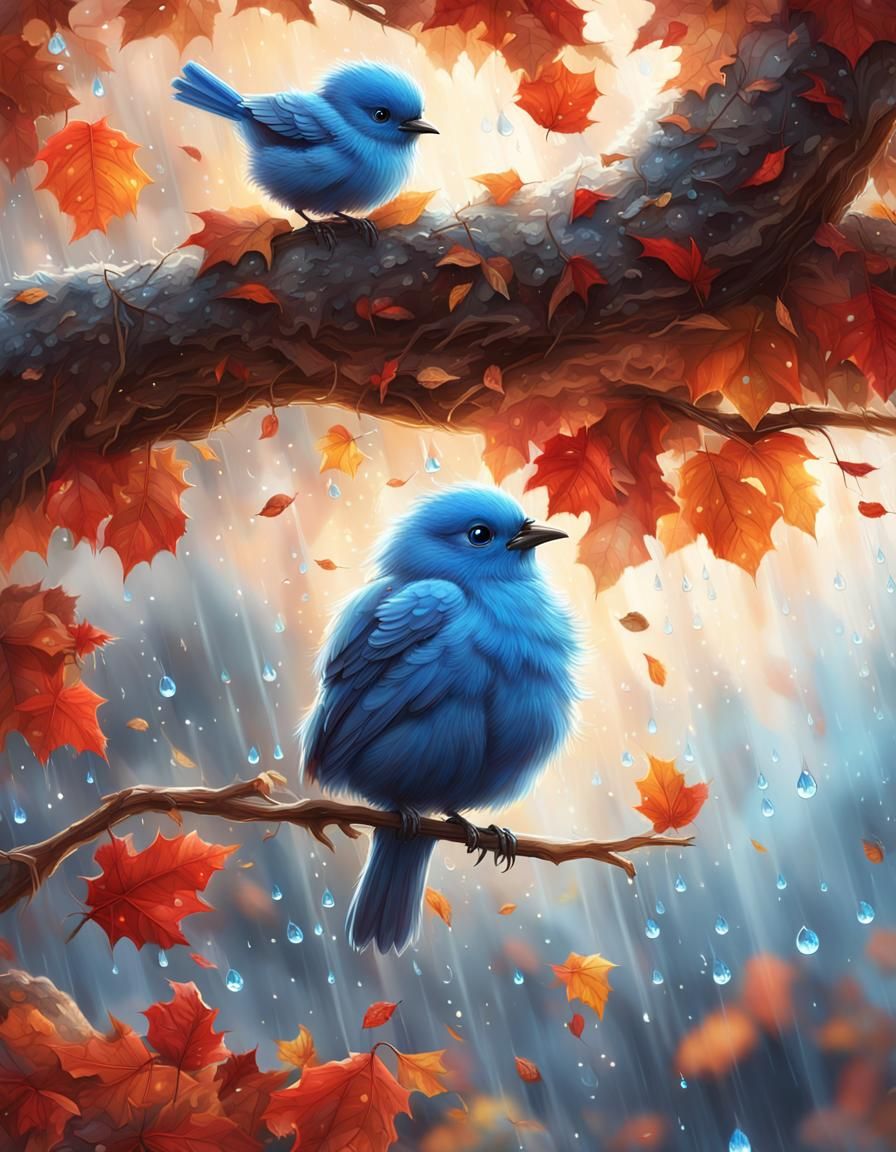 Newborn Bluebird in Autumn Rain: Fantasy Art