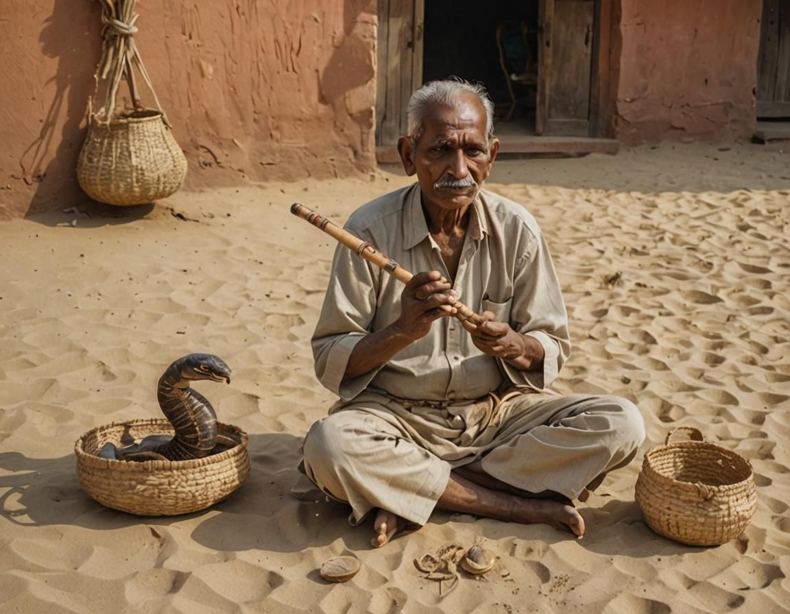 Indian Man Charming Cobra with Pungi Flute