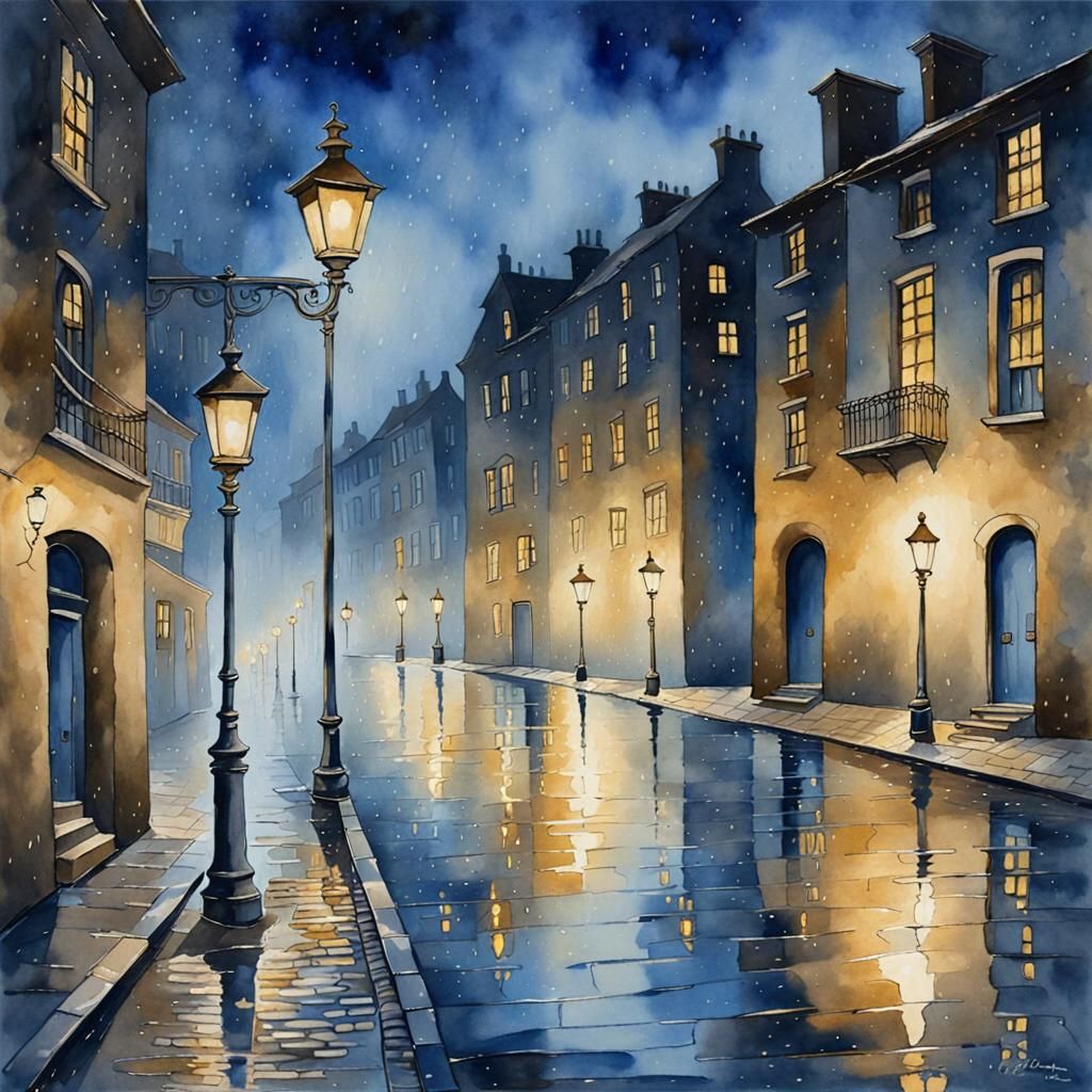 Night Cityscape Painting with Lamplight Reflections