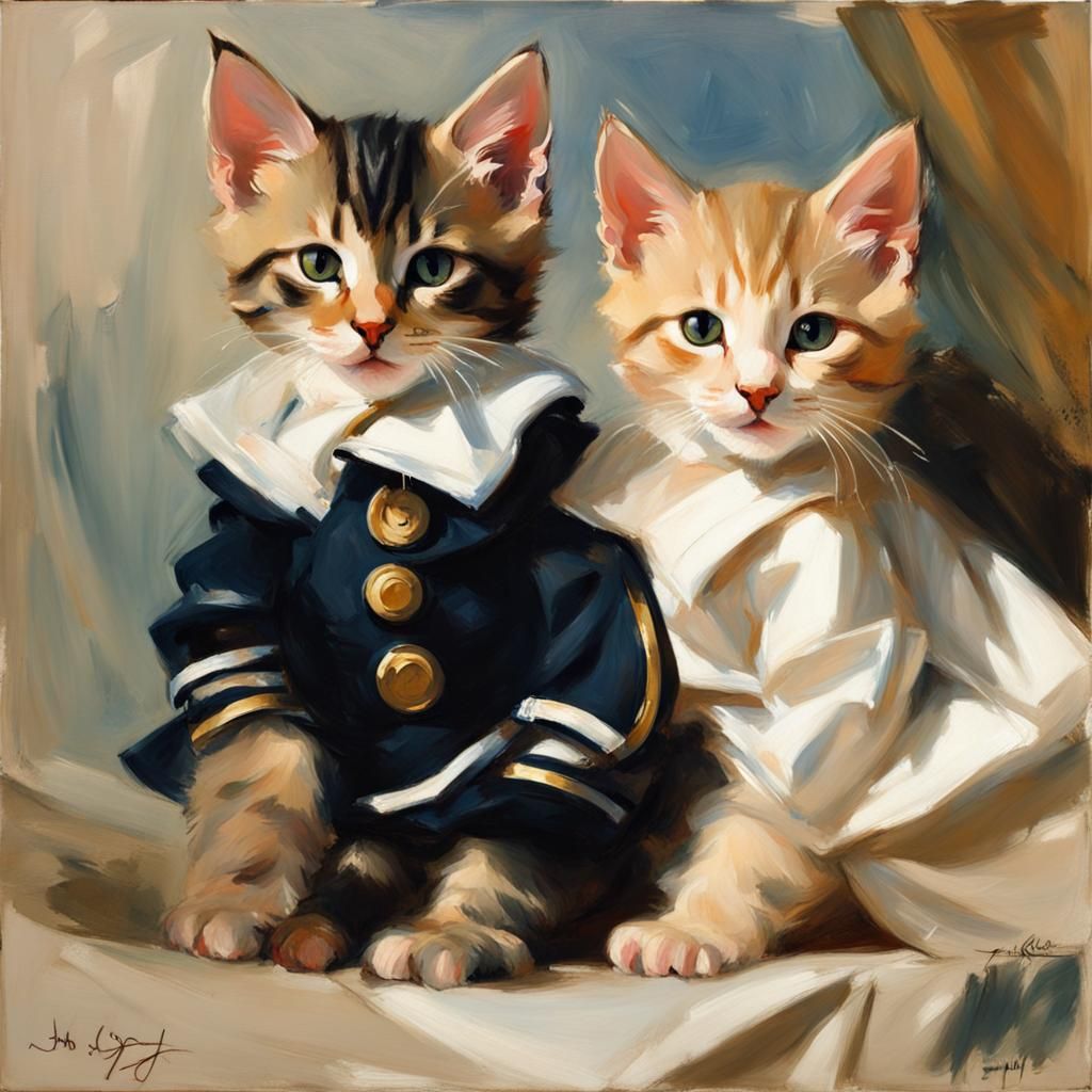 Style of John Singer Sargent, a painting of two kittens, one in a dress and one in a sailor suit