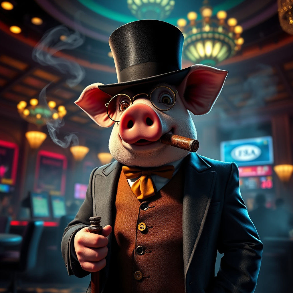 Suave Pig Gambler in Casino, Cinematic Digital Art