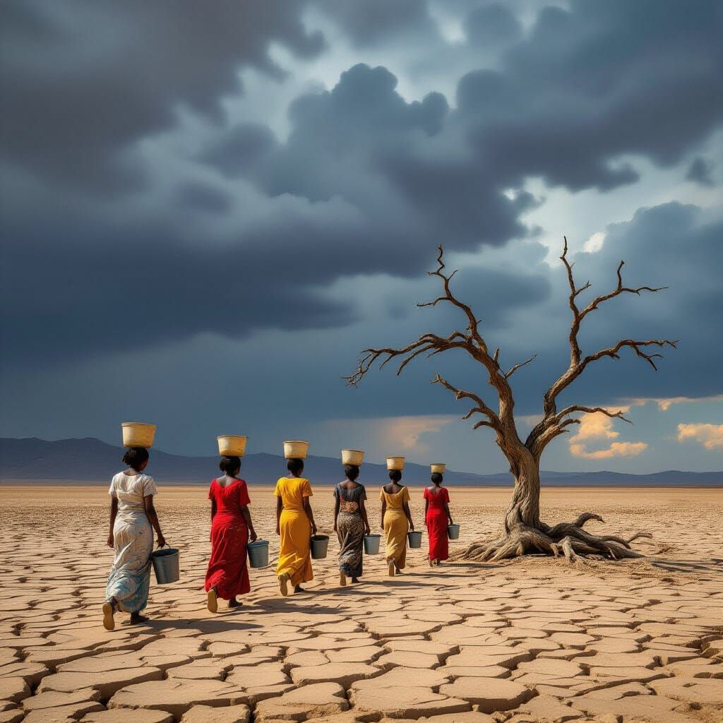 Women Carry Water Through Arid Landscape in Realistic Style