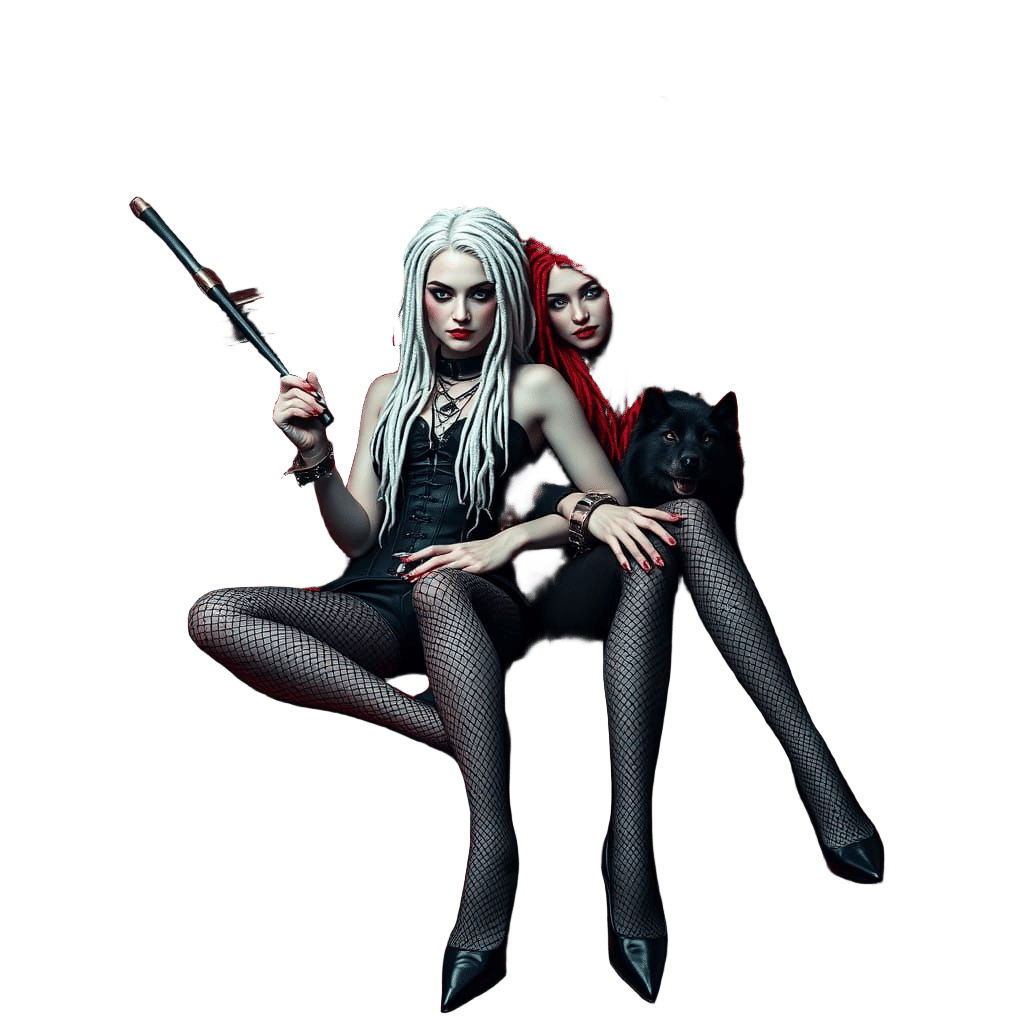 Two Gothic Vampire Queens in Dark, Vibrant Dungeon Bedroom