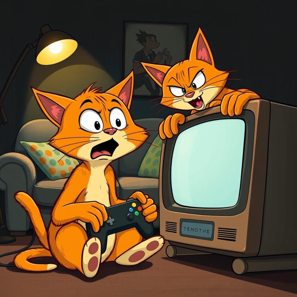 Cartoon Cats Play Video Games in Cozy Living Room