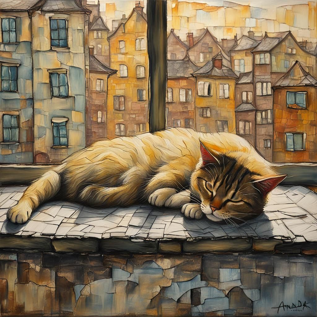 Cat Nap in Distorted City, Encaustic Oil Painting