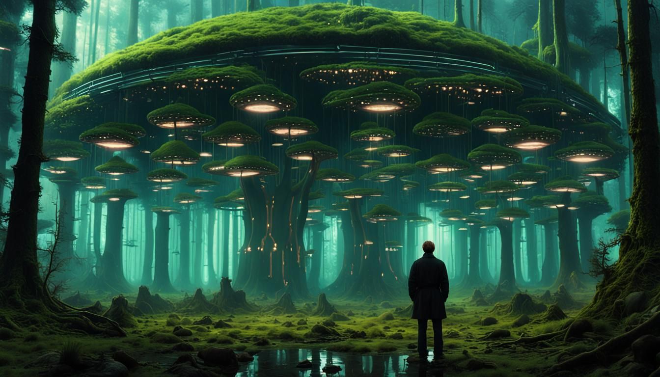 Man in Lit Forest: Matte Painting with Alien City
