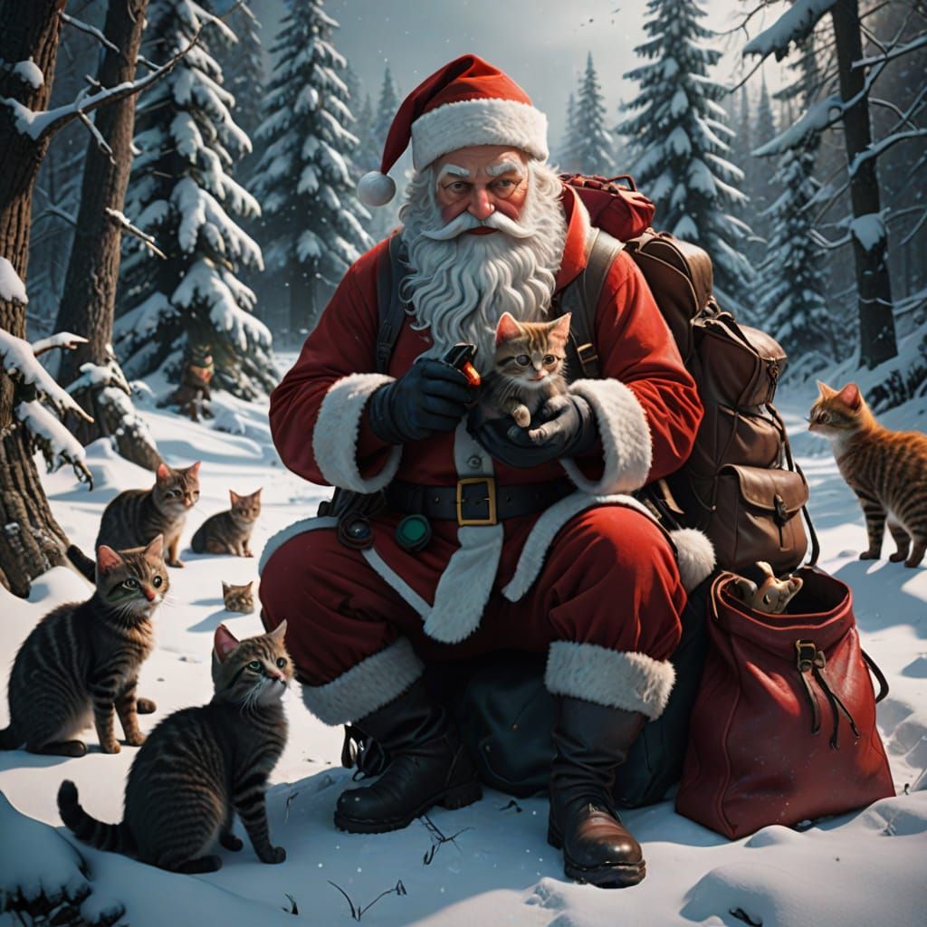 Santa Claus Places Kittens in Bag in Snowy Forest