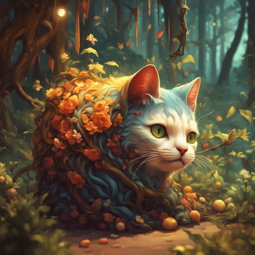 Whimsical Forest Cat Portrait in Vibrant Pop Art Style