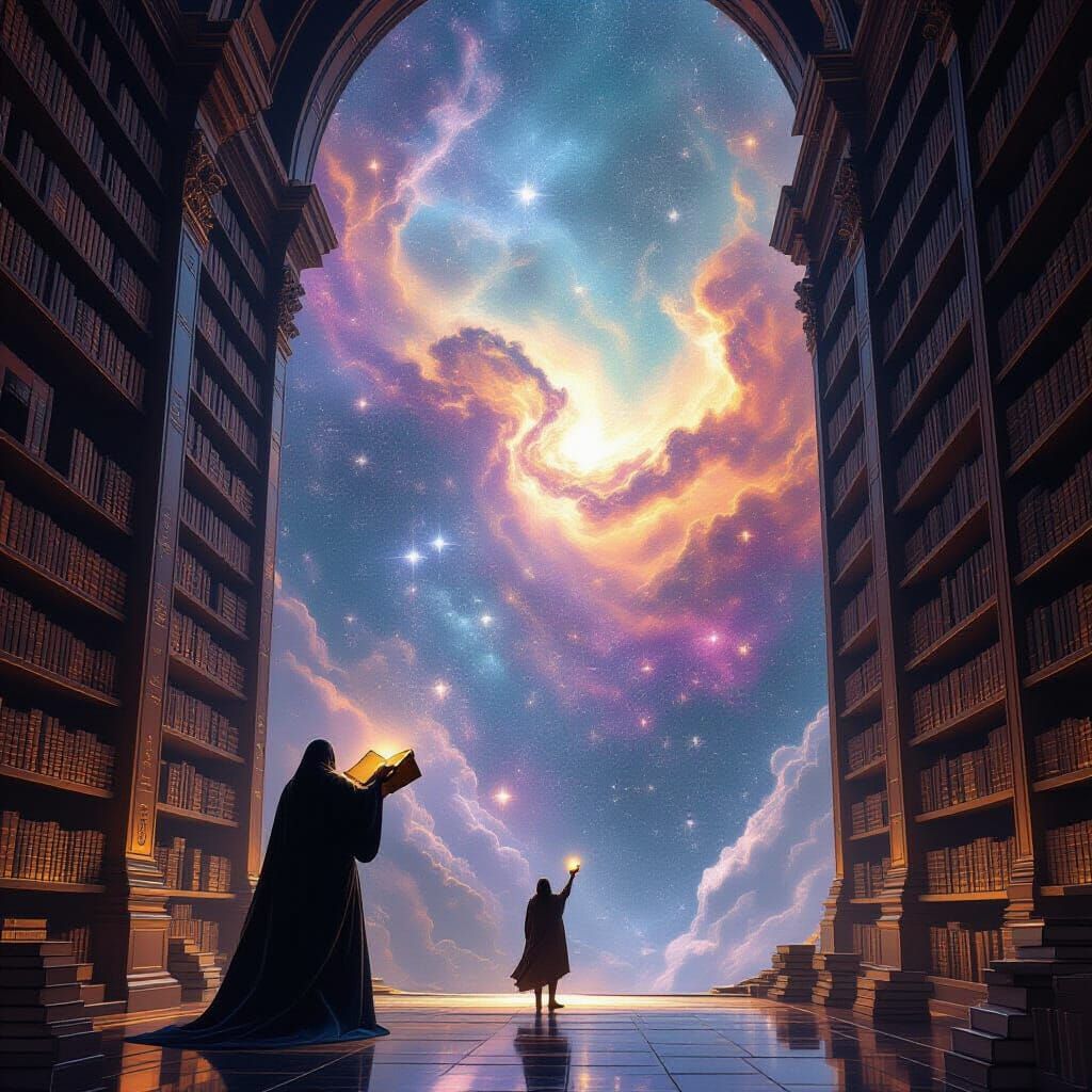 Cosmic Library in Starry Void with Ethereal Glow