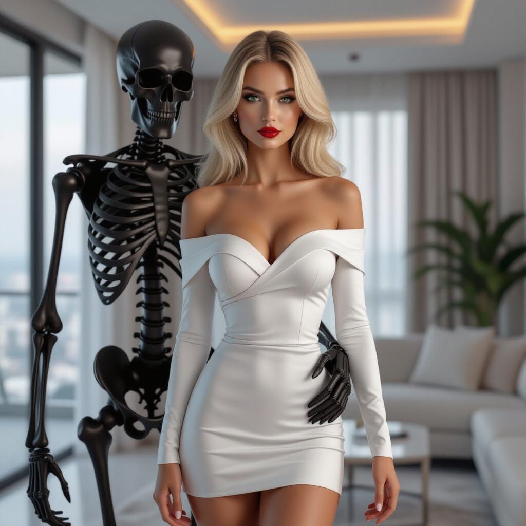Skeletal Figure with Woman in Penthouse: 3D Art
