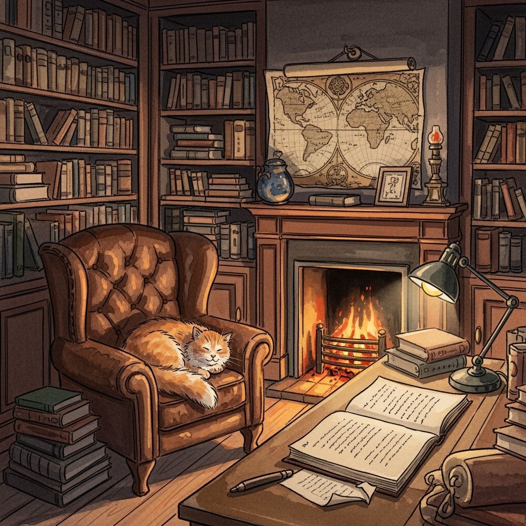Cozy Study Scene with Sleeping Cat in Watercolor Style