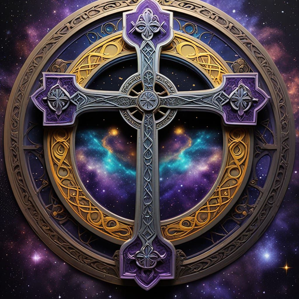 Cosmic Celtic Cross with Glowing Knotwork, Digital Art