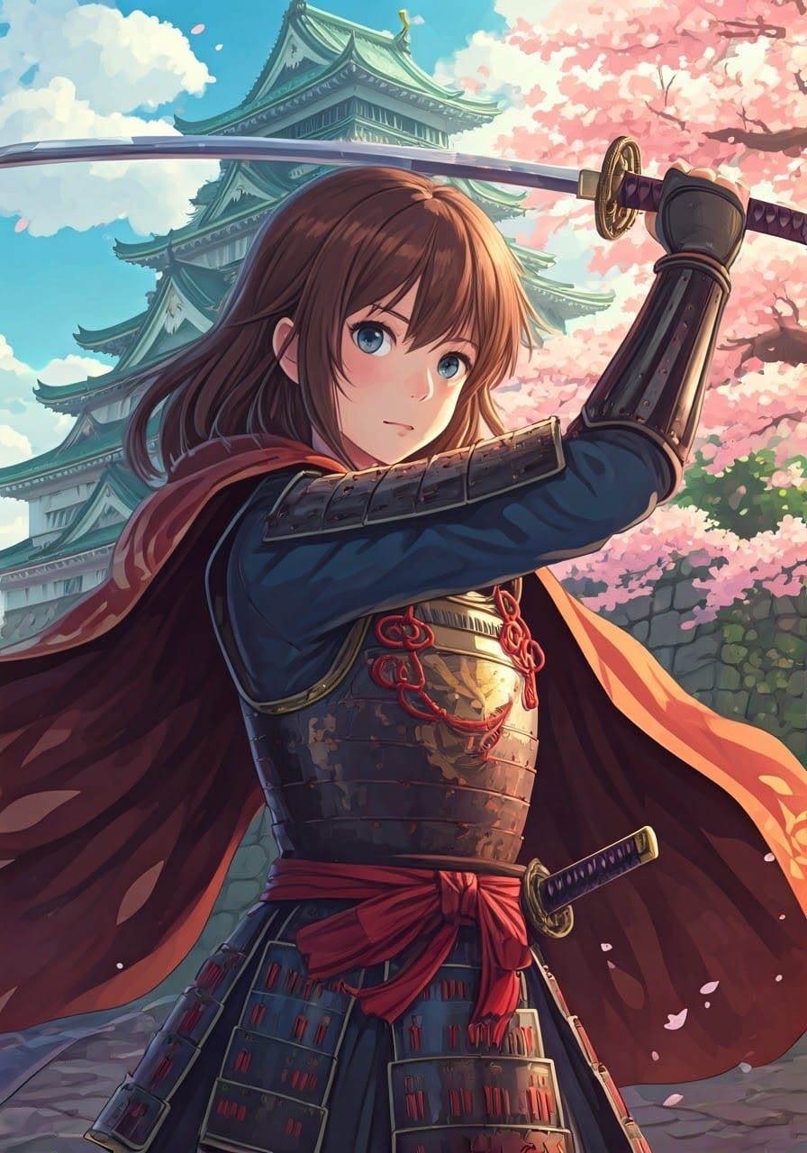 Anime Samurai Girl with Katana and Cherry Blossoms