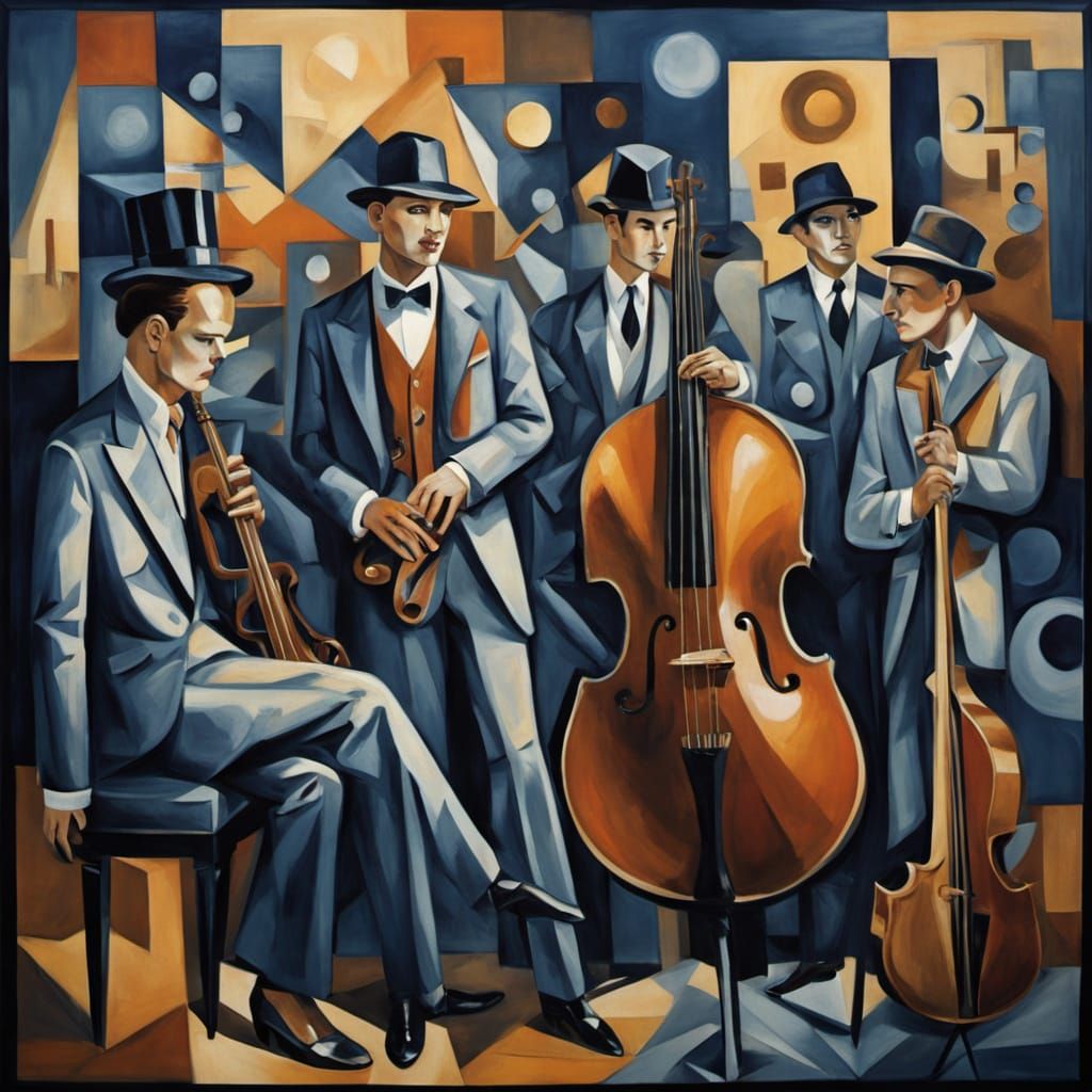 Neo-Cubist Jazz Club Scene with Spectral Notes