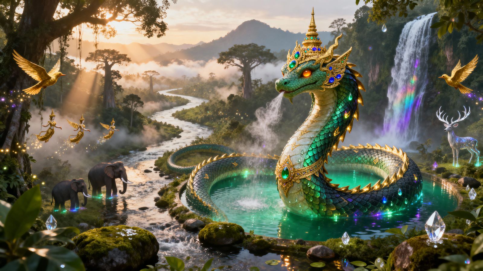 Mythical Himmapan Forest at Dawn with Majestic Naga