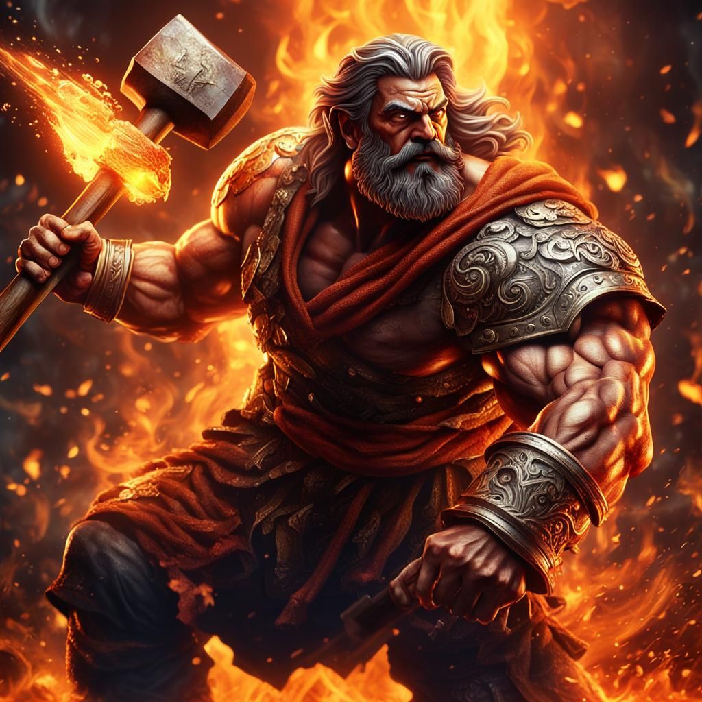 Hephaestus, God of Fire, in Hyperrealistic Detail