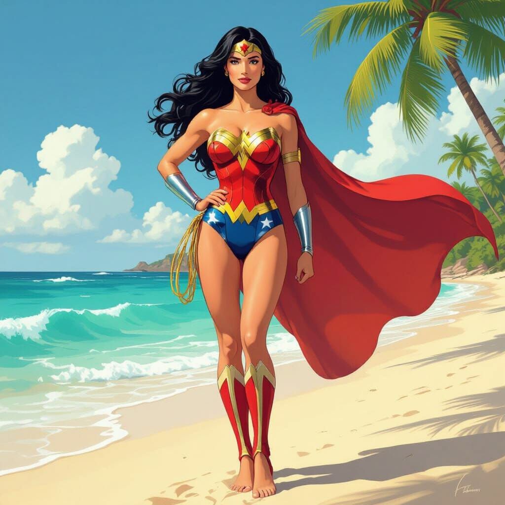 Wonder Woman Bikini Beach Photo in Comic Book Style