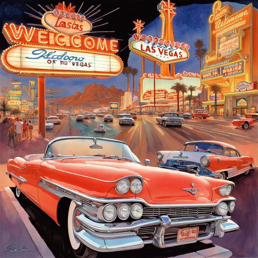 Vintage Las Vegas Collage in Art Nouveau Style