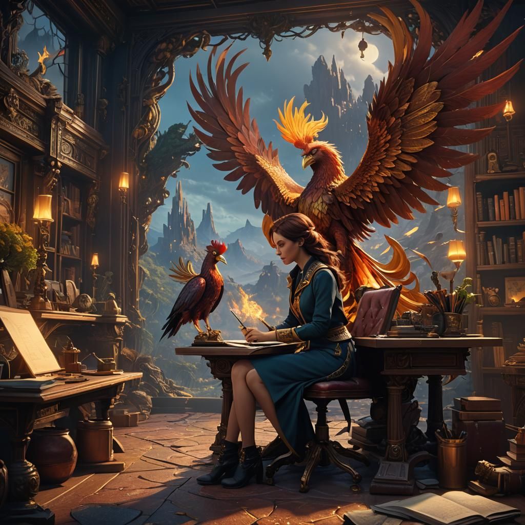 Fantastical Writer with Phoenix, Detailed Matte Painting