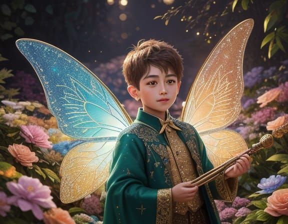 Child in Enchanted Fairy Garden, Golden Hour Oil Painting