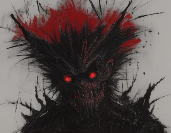 Childlike Drawing of a Frightening Monster in Red and Black