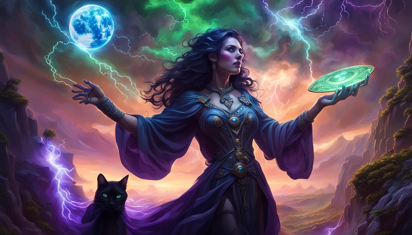 Sorceress and Cats Conjure Magic in Dark Fantasy Art