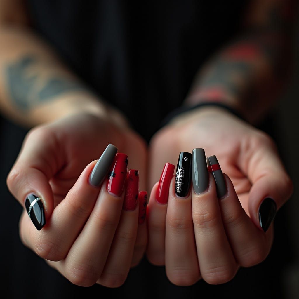 Bold Grunge Acrylic Nail Design in Black and Red