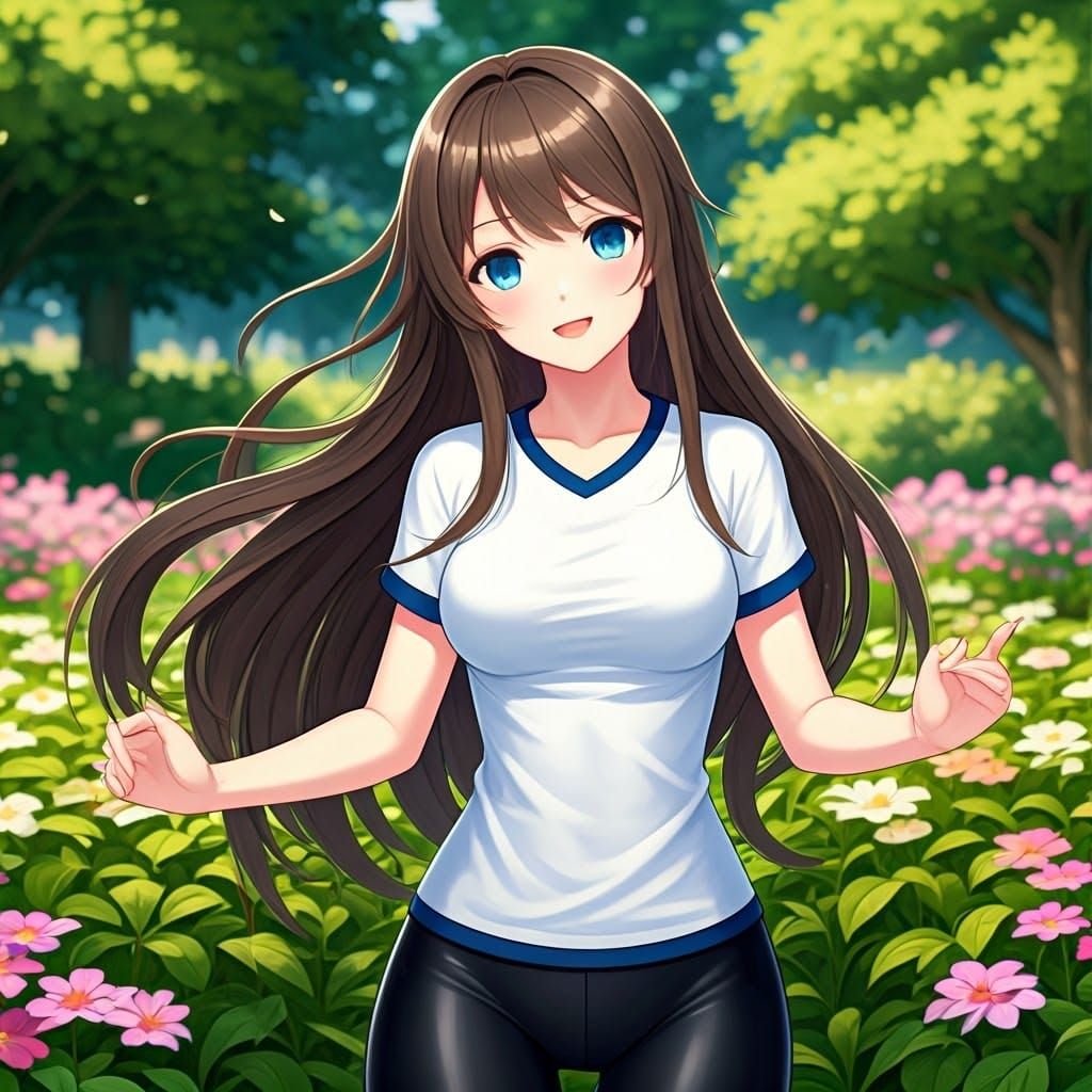 Anime Woman in Dynamic Park Pose