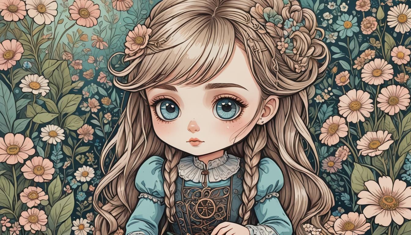 Cute Girl in Steampunk Garden with Pastel Flowers