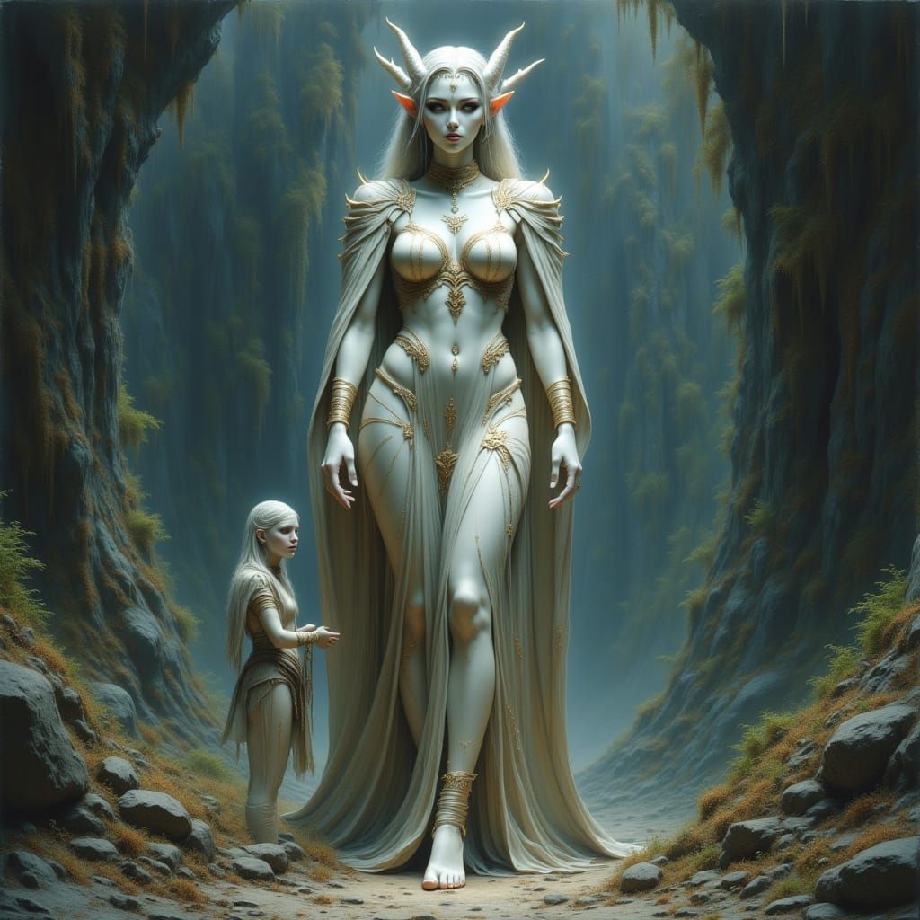 Marble Elf Woman With Pixie in Dark Fantasy Style