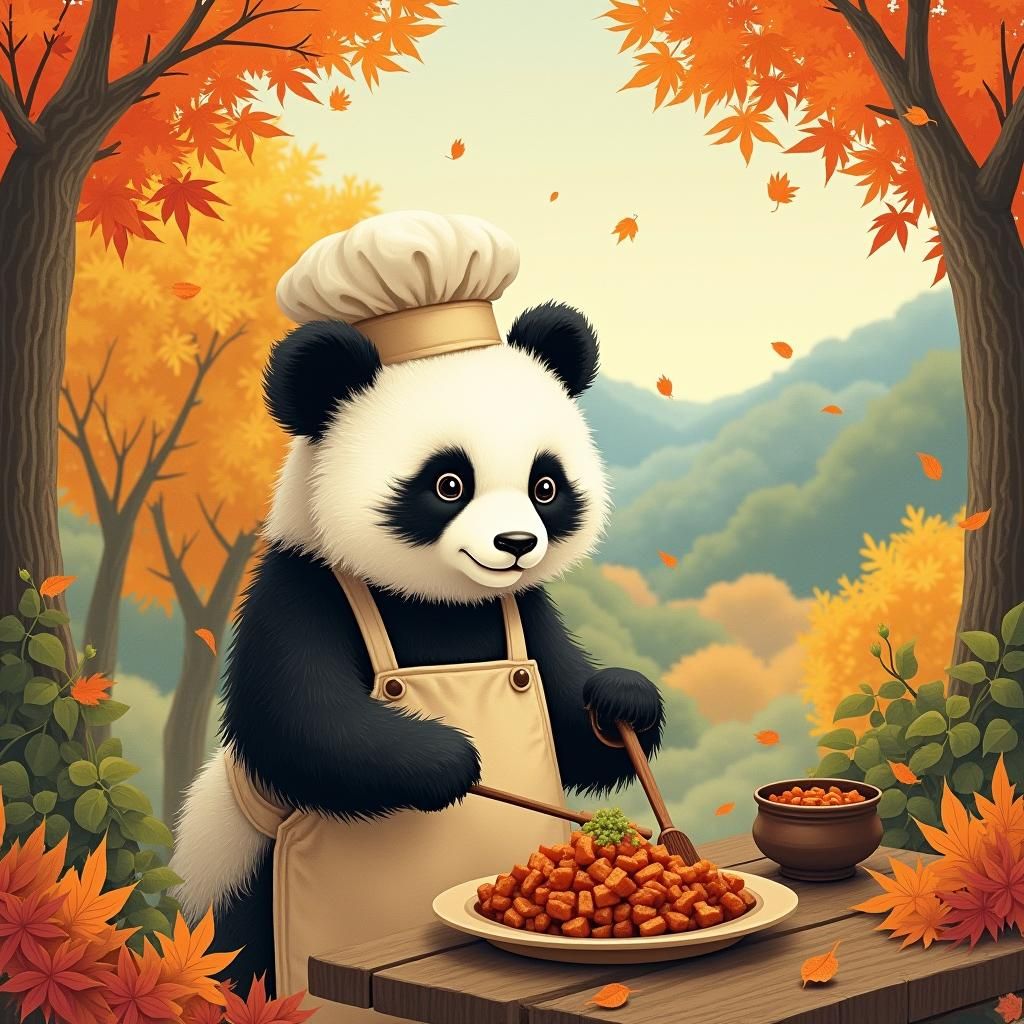 Panda Chef's Autumn Feast: Whimsical Illustration
