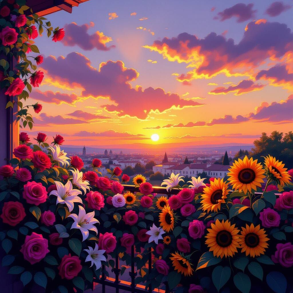 Vibrant Floral Balcony at Fiery Sunset