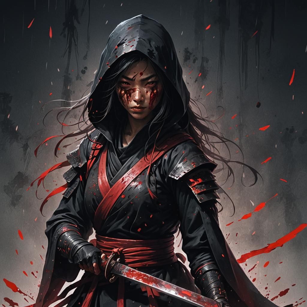 Bloodied Ninja Warrior with Red Katana in Dark Fantasy