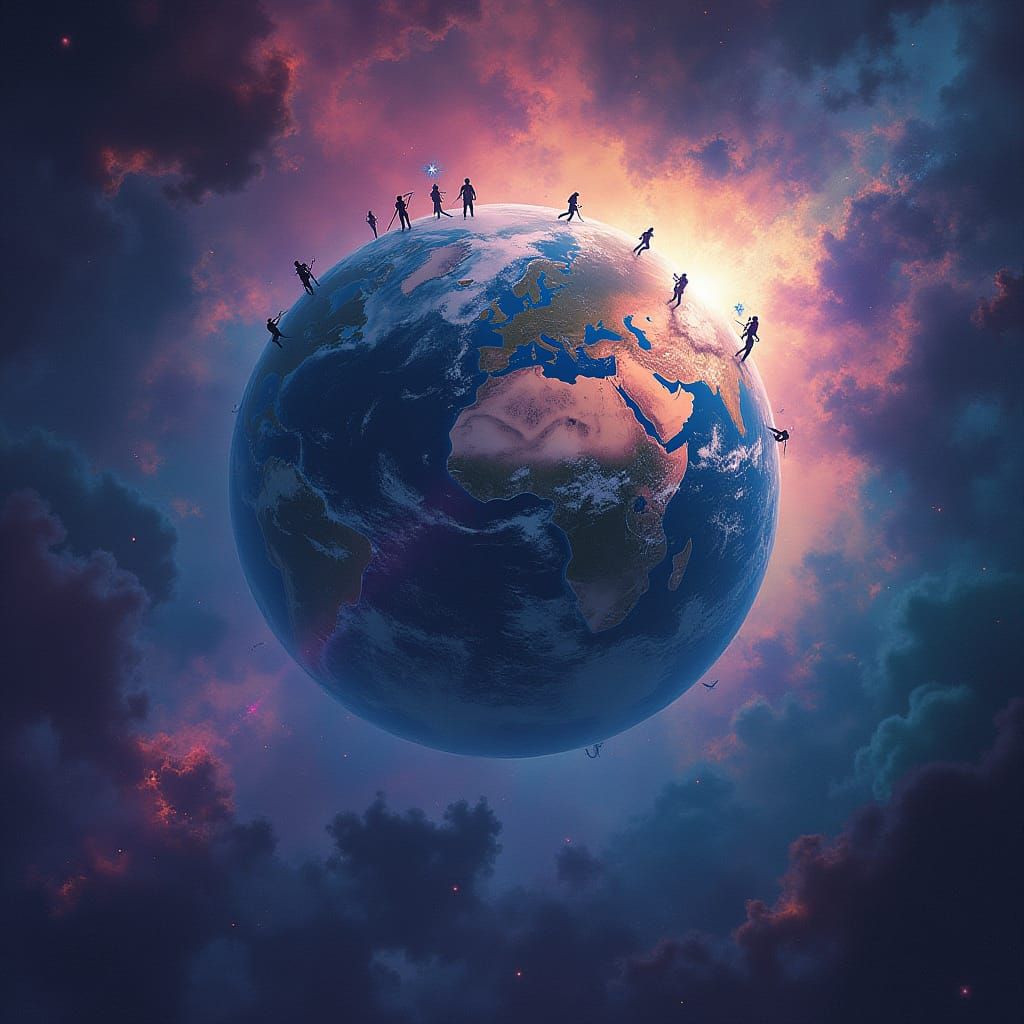 Cosmic Earth Ascended by Figures in Surreal Fantasy Style