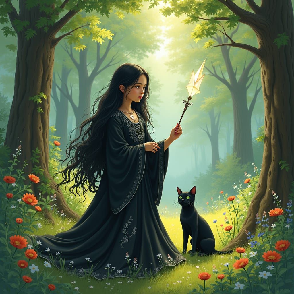 Fantasy Girl with Wand and Black Cat in Forest