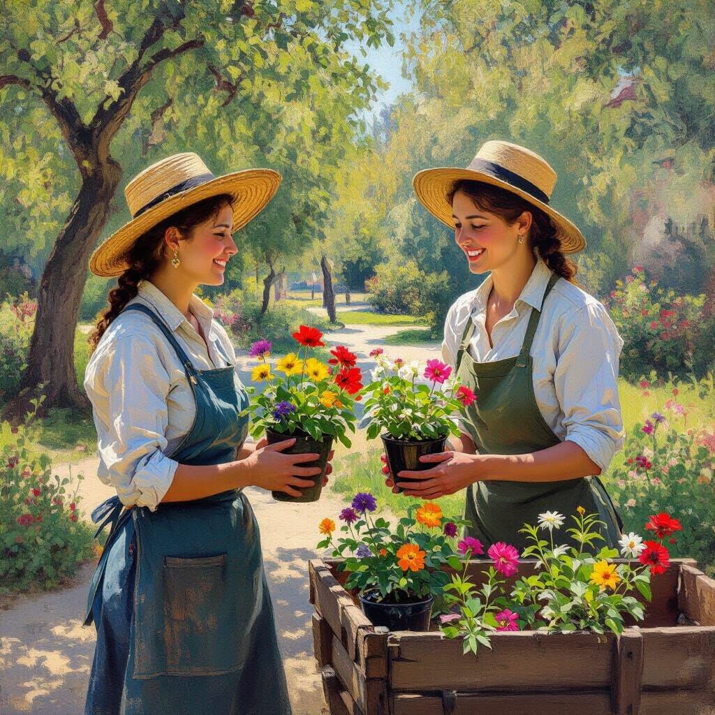 Plant Exchange in Sunny Park: Impressionistic Realism