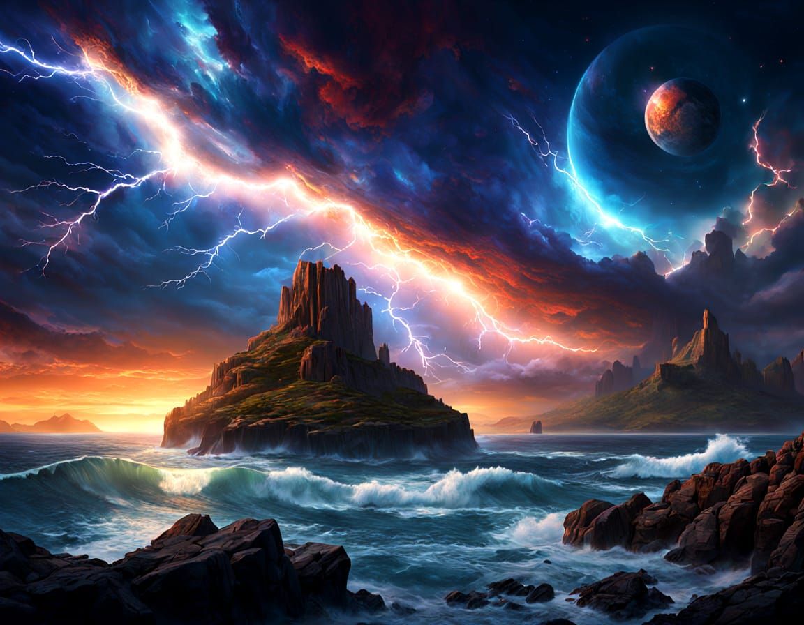 Cosmic Storm Over Rocky Island Digital Painting