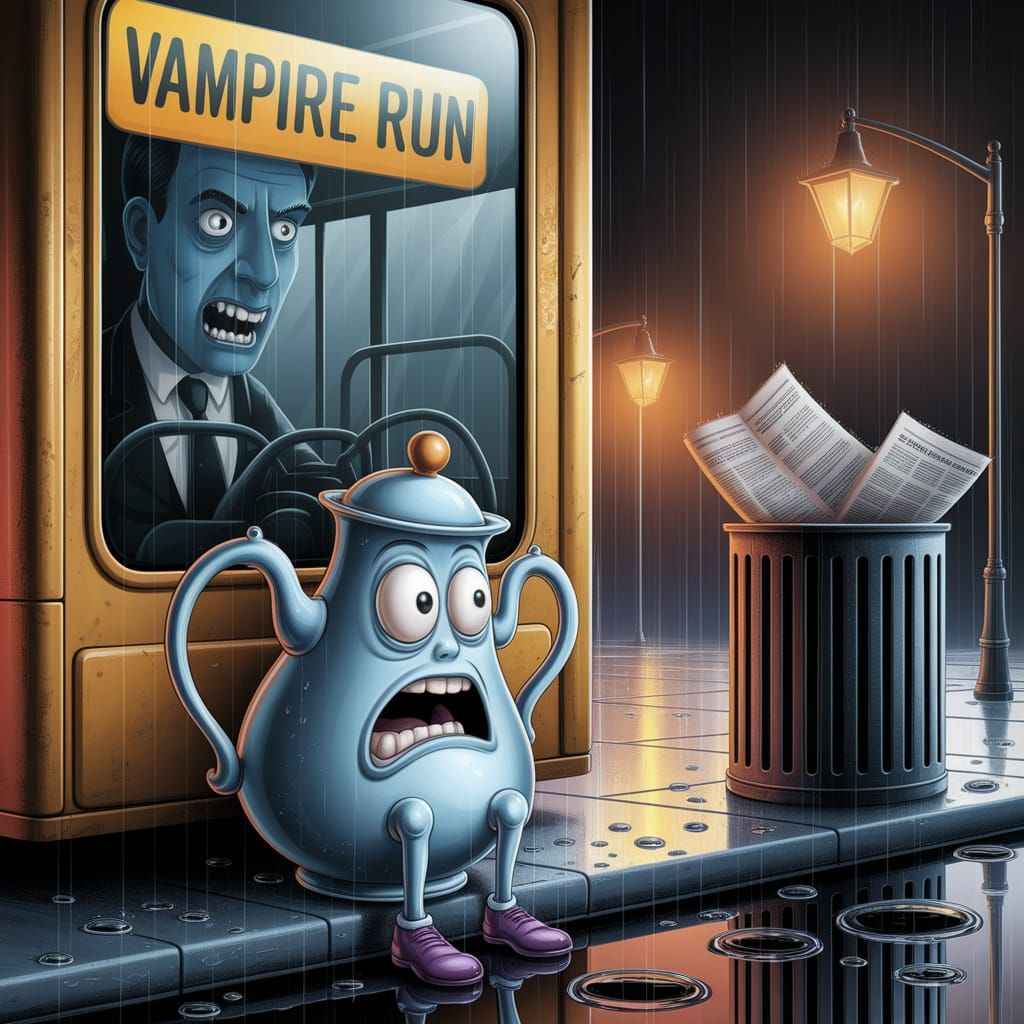 Terrified Teapot Awaits Vampire Bus in the Rain