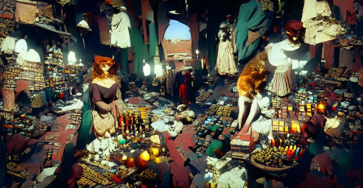Marrakech Bazaar Shopkeeper with Cats: Autochrome VRay