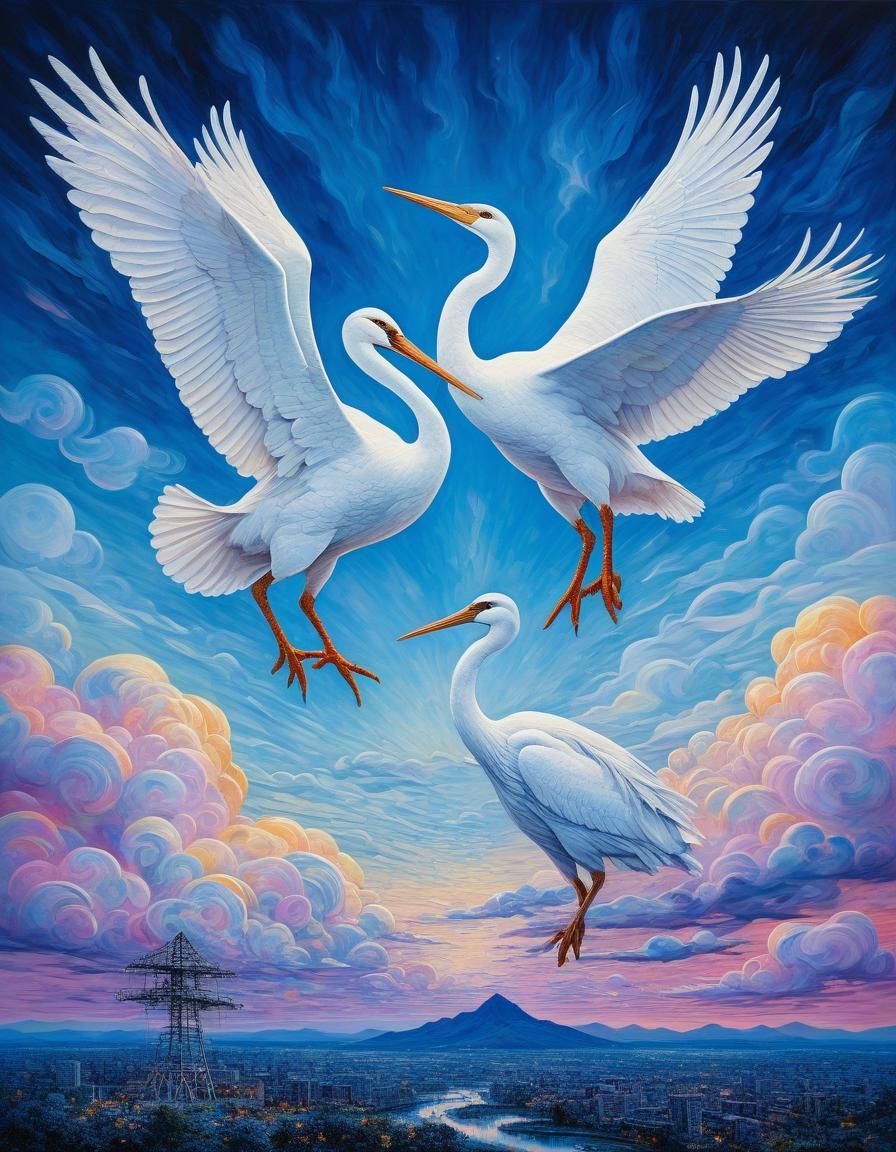 Ethereal Cranes in Flight: Minimalist Fauvist Art