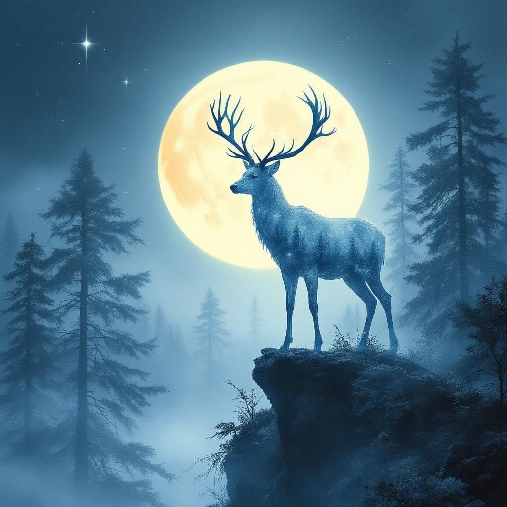 Mystical Deer in Enchanted Forest Oil Painting
