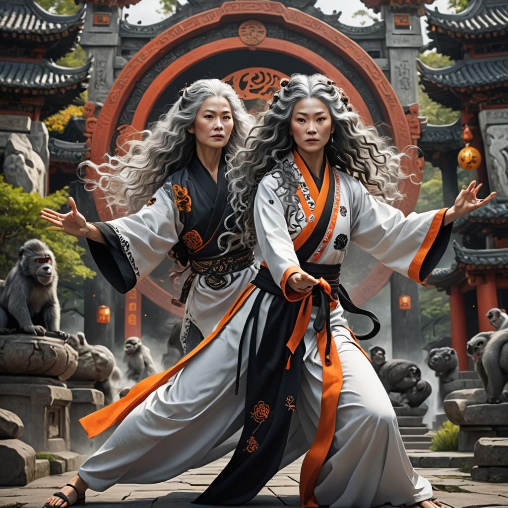 Woman Practicing Kung Fu at Taoist Temple